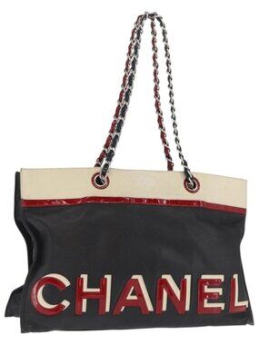 CHANEL Chain Tote Bag Leather Black Silver CC Auth 171101